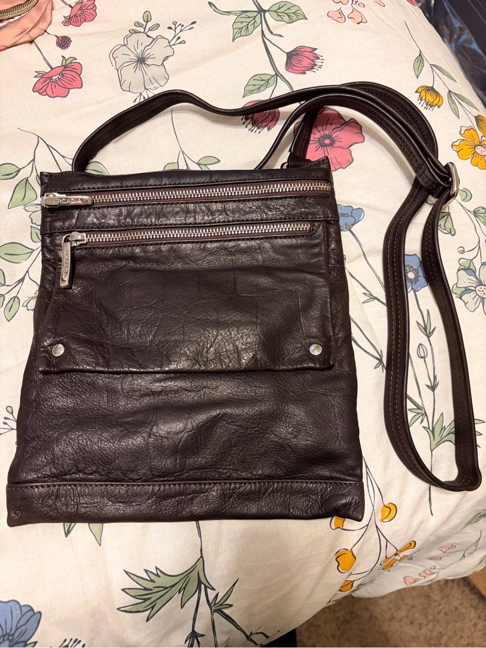 ARCADIA Italy Brown Leather Crossbody Bag Multi Zip Pocket Utility Messenger VTG